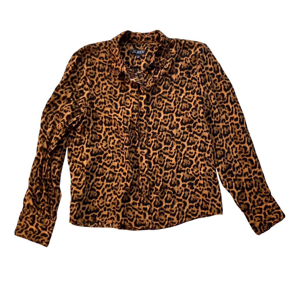 J.Crew Leopard Crepe de Chine Button-Up Shirt Size Large Peter Pan Collar